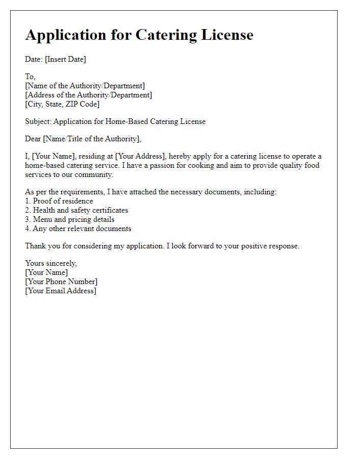 Letter template of catering license application for home-based catering.