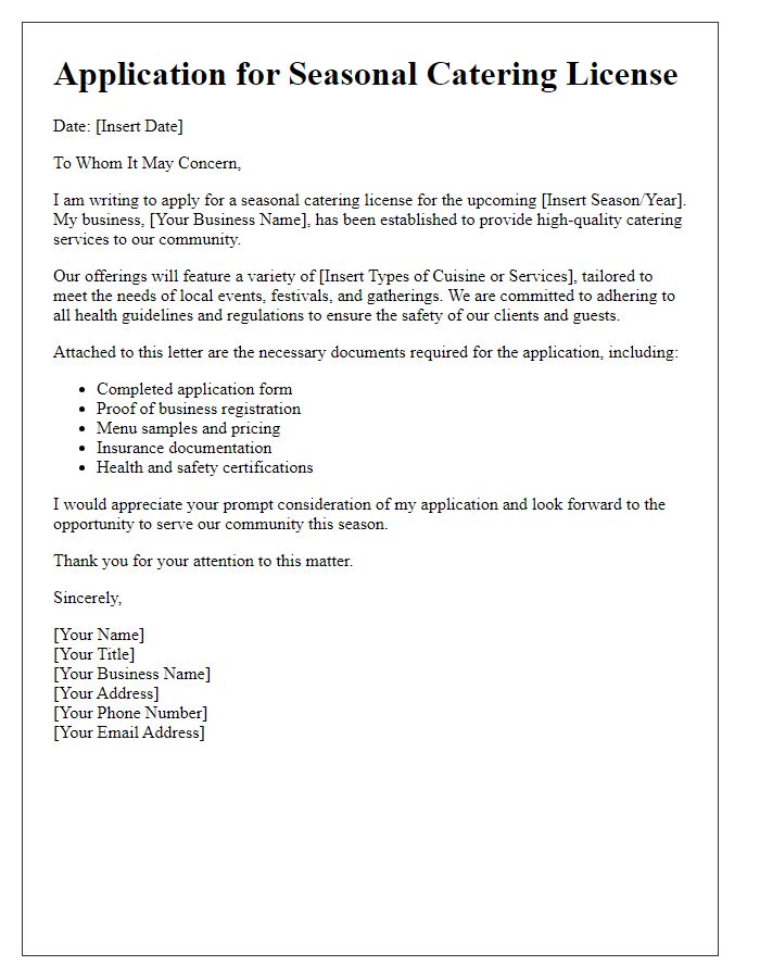 Letter template of catering license application for seasonal catering.