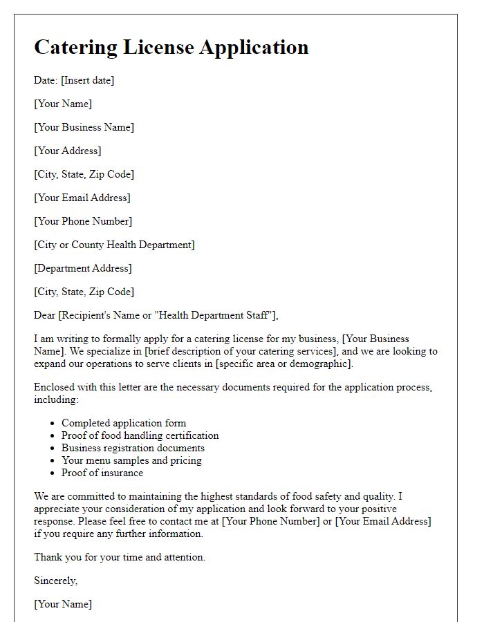 Letter template of catering license application for small business.