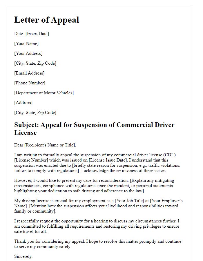 Letter template of appeal for commercial driver license suspension.