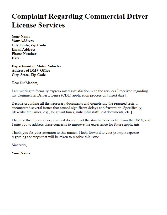 Letter template of complaint regarding commercial driver license services.