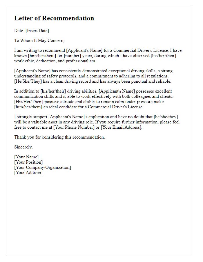 Letter template of recommendation for commercial driver license applicant.