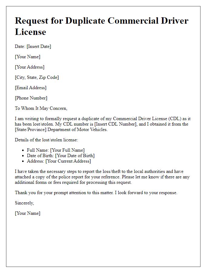 Letter template of request for duplicate commercial driver license.