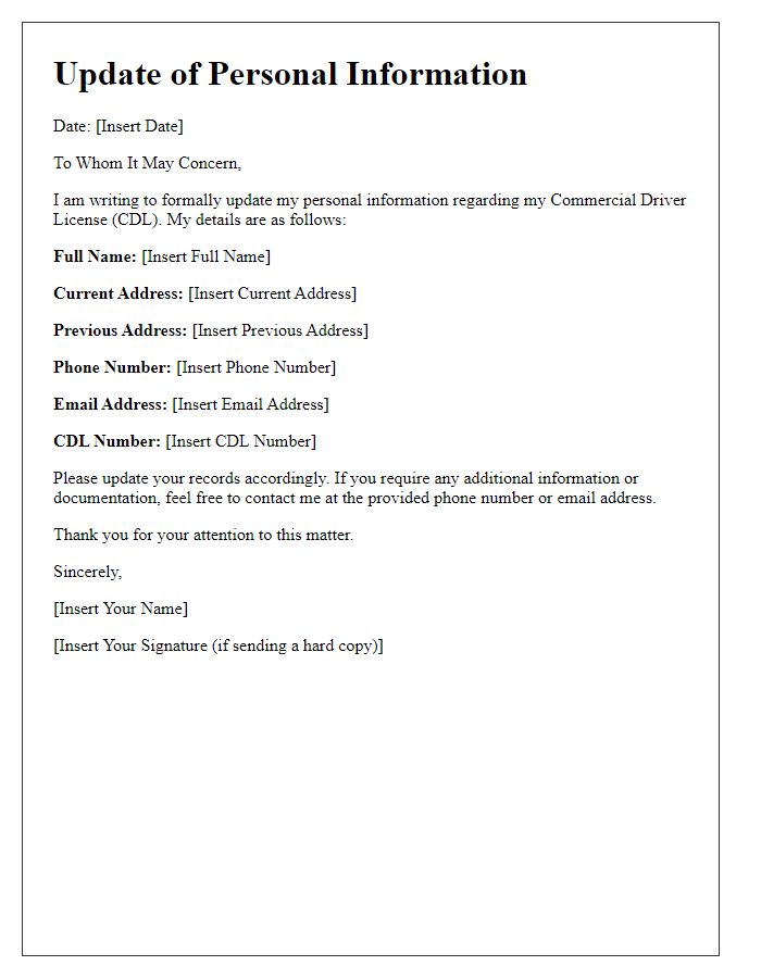 Letter template of update of personal information for commercial driver license.