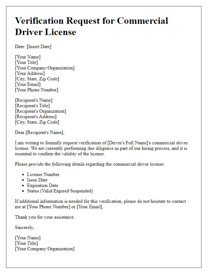 Letter template of verification request for commercial driver license.