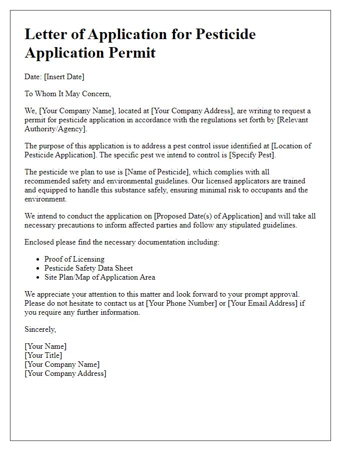 Letter template of pesticide application permit for commercial pest control