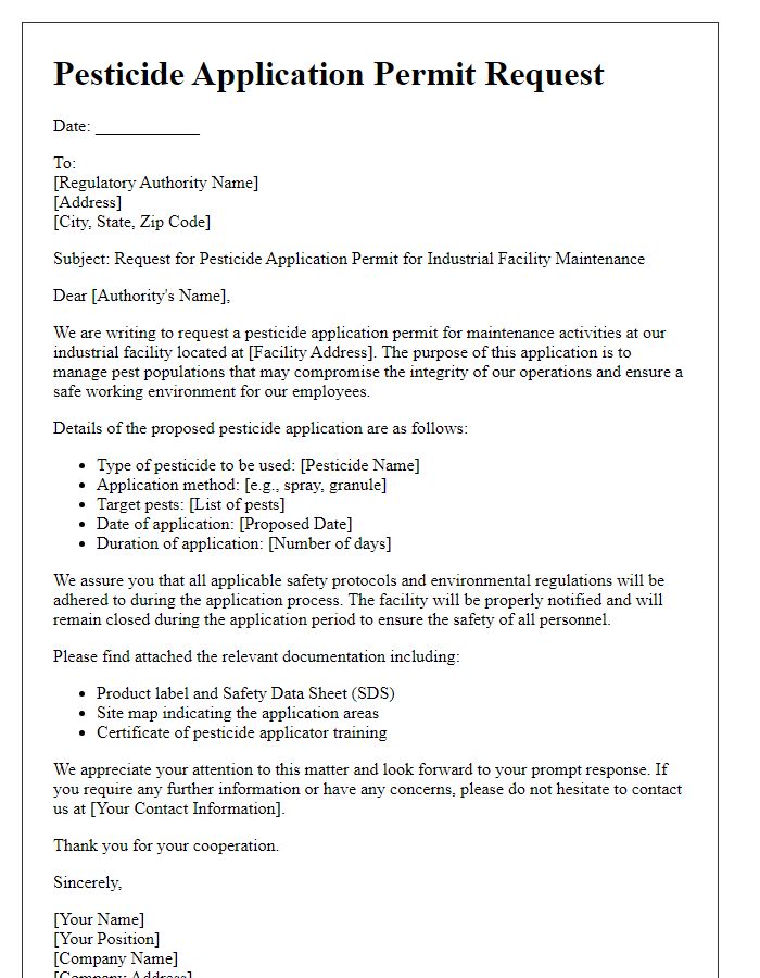 Letter template of pesticide application permit for industrial facility maintenance