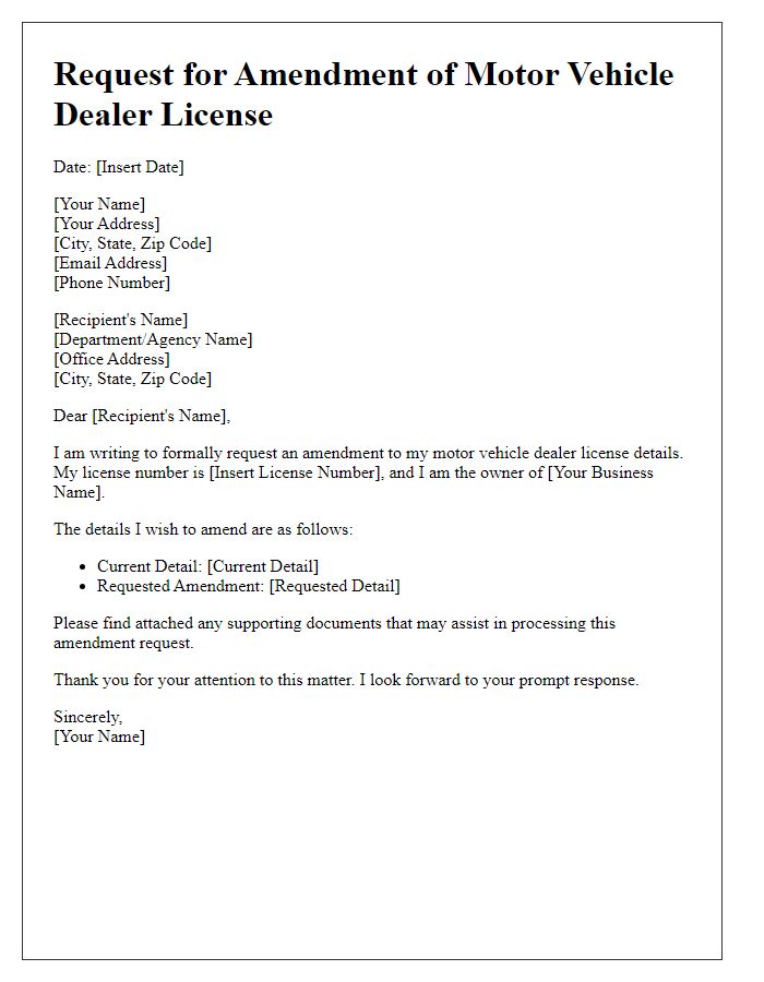 Letter template of amendment request for motor vehicle dealer license details