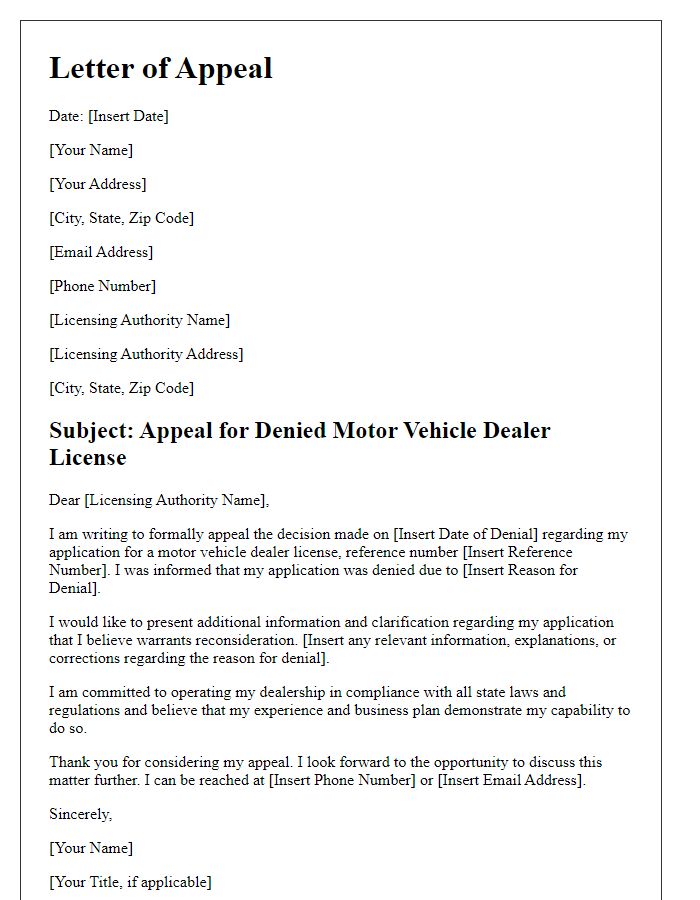 Letter template of appeal for denied motor vehicle dealer license