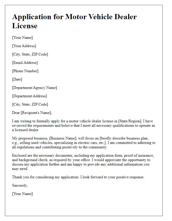 Letter template of application for motor vehicle dealer license