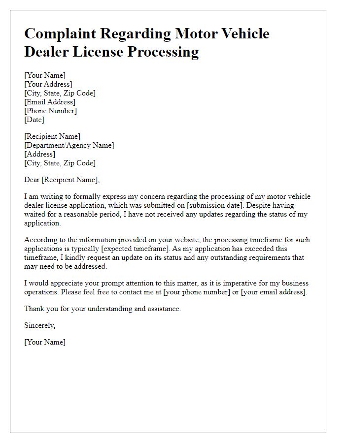 Letter template of complaint regarding motor vehicle dealer license processing