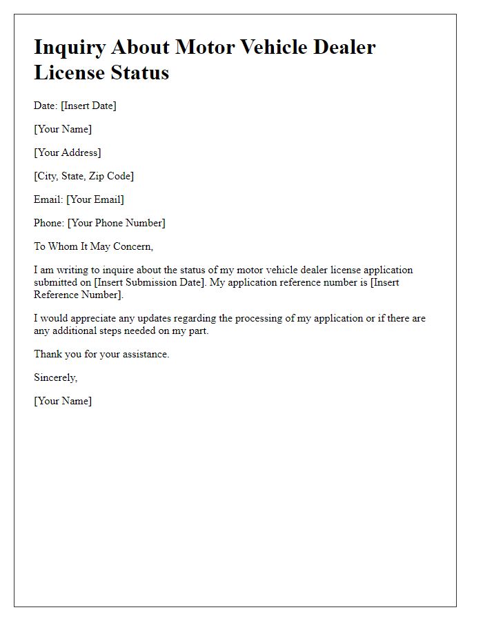 Letter template of inquiry about motor vehicle dealer license status