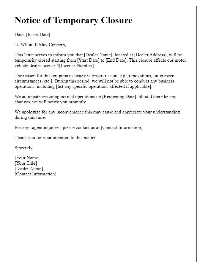 Letter template of notice of temporary closure affecting motor vehicle dealer license