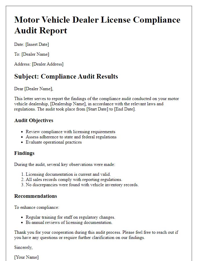 Letter template of report on motor vehicle dealer license compliance audit