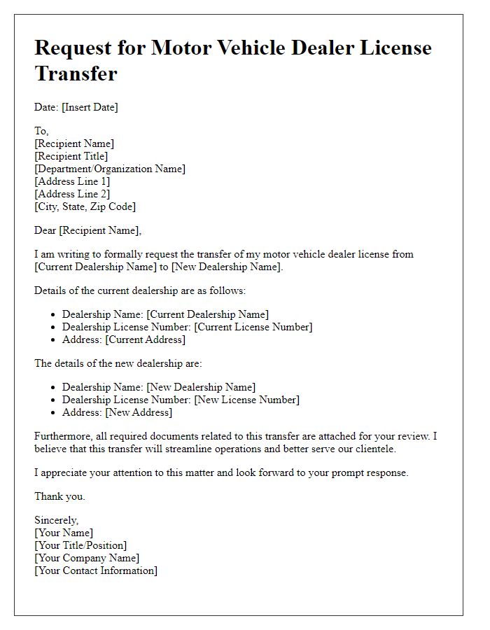 Letter template of request for motor vehicle dealer license transfer