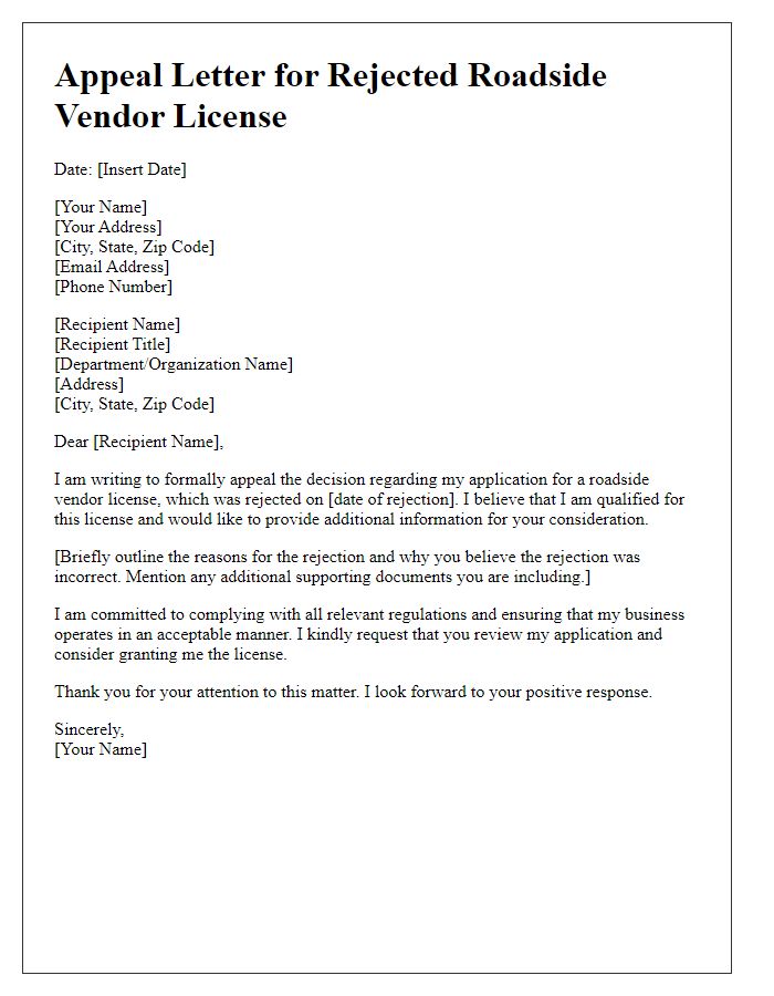 Letter template of appeal for rejected roadside vendor license