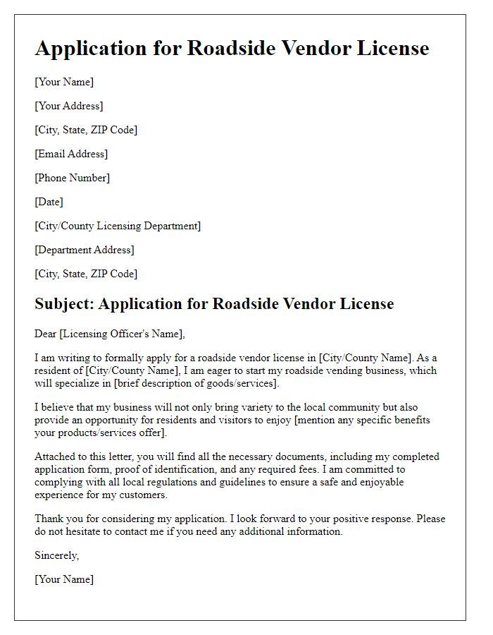 Letter template of application for roadside vendor license