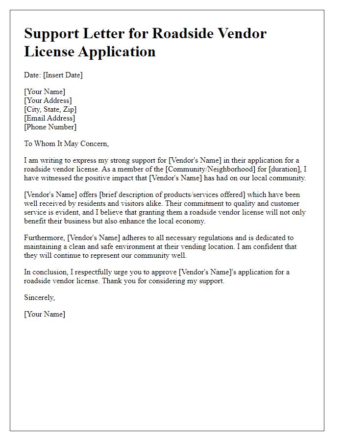 Letter template of support for roadside vendor license application