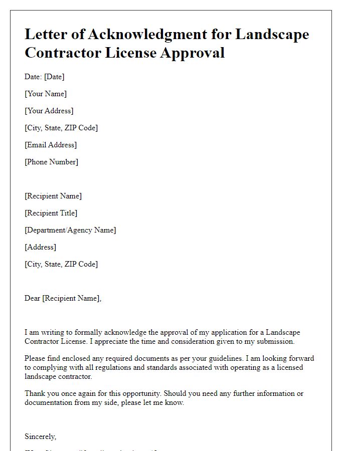 Letter template of acknowledgment for landscape contractor license approval