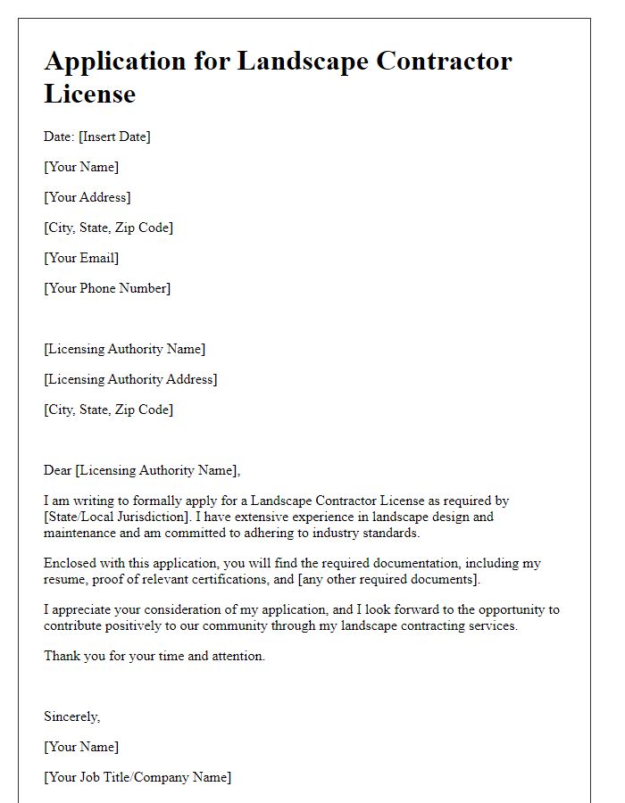 Letter template of application for landscape contractor license