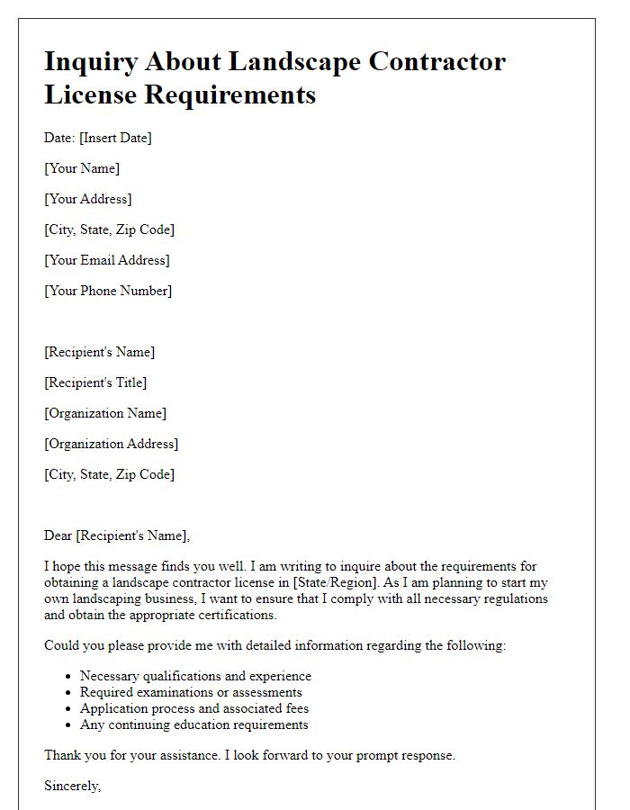 Letter template of inquiry about landscape contractor license requirements