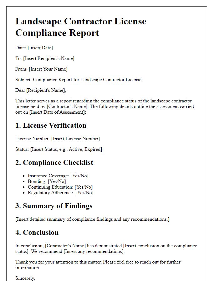 Letter template of report for landscape contractor license compliance