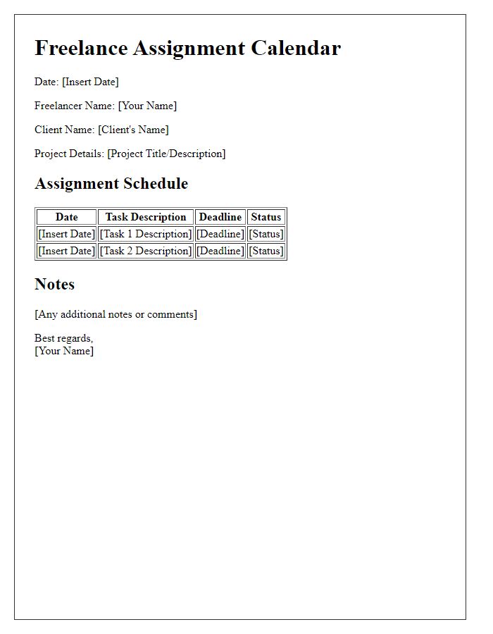 Letter template of freelance assignment calendar