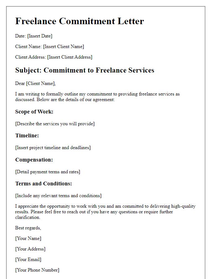 Letter template of freelance commitment outline