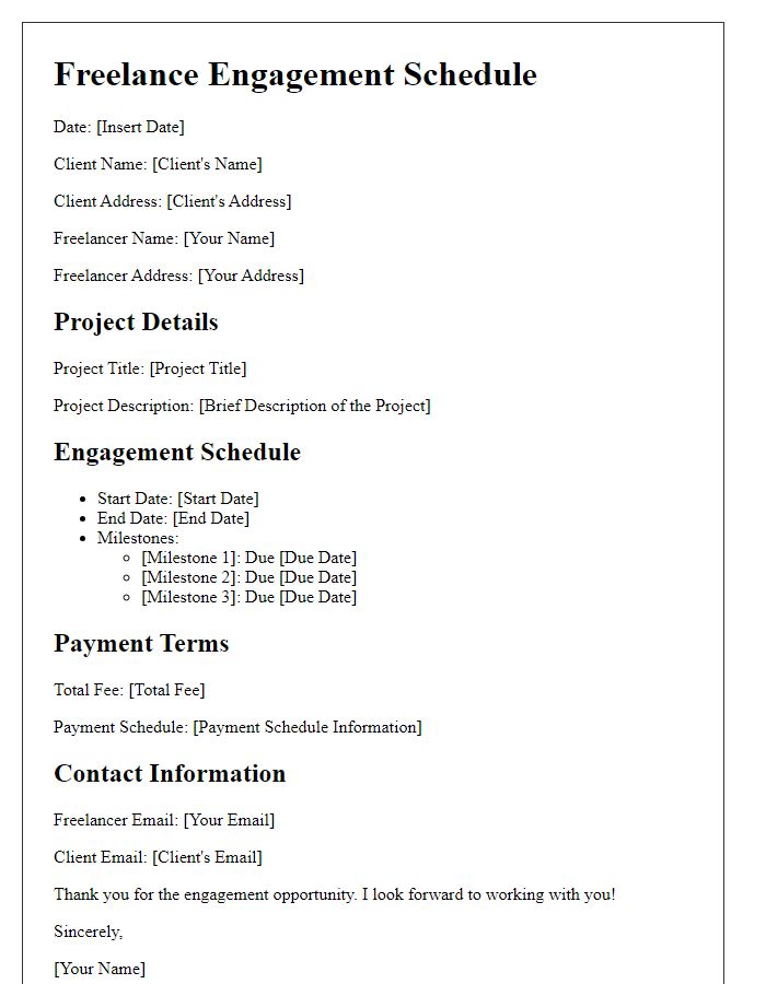 Letter template of freelance engagement schedule