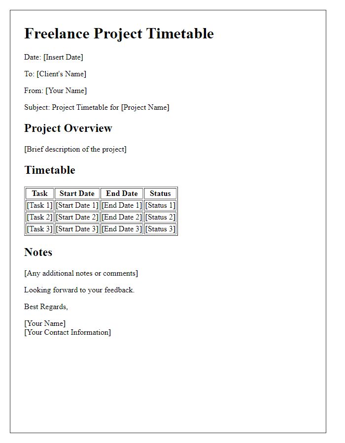 Letter template of freelance project timetable