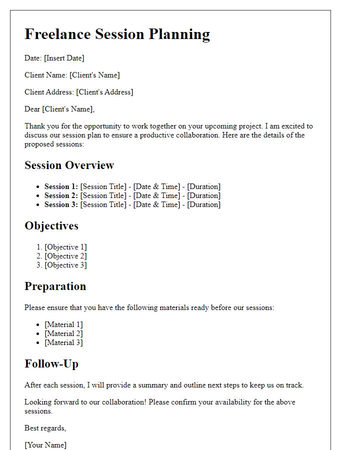 Letter template of freelance session planning