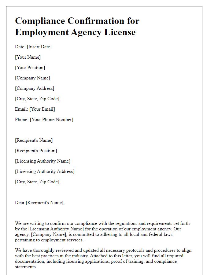 Letter template of compliance confirmation for employment agency license