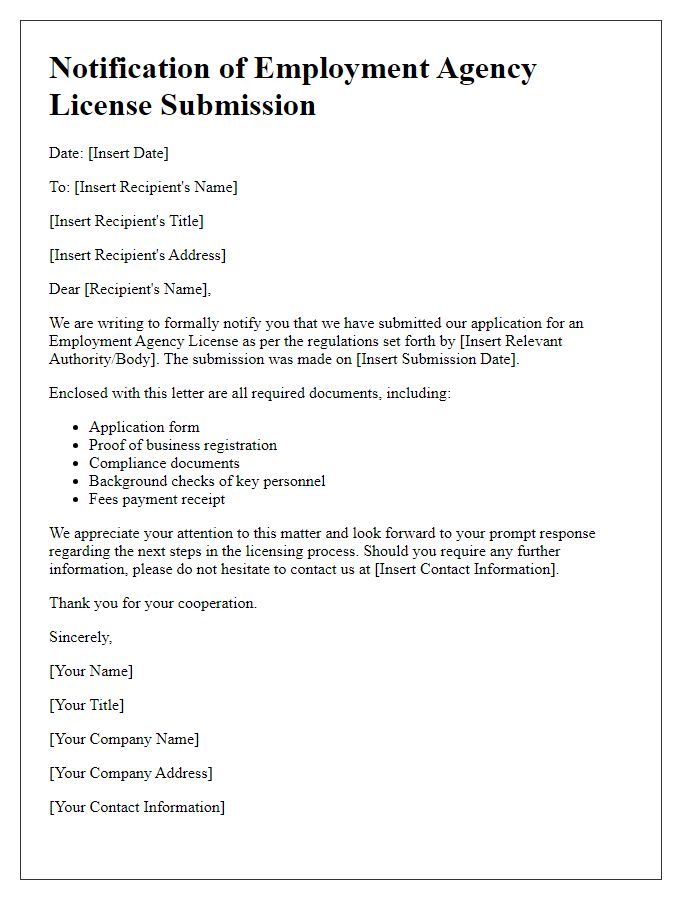 Letter template of notification for employment agency license submission