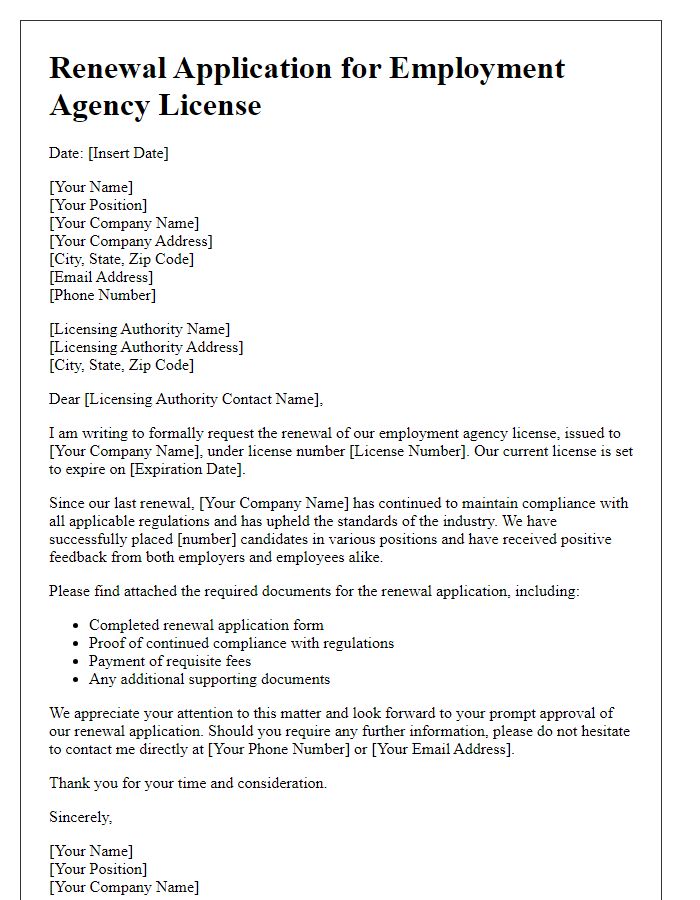 Letter template of renewal application for employment agency license