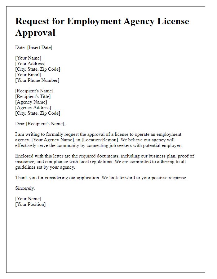 Letter template of request for employment agency license approval