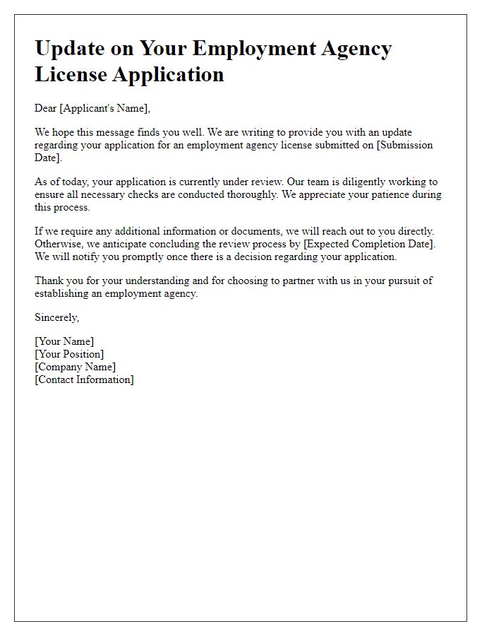 Letter template of update on employment agency license application