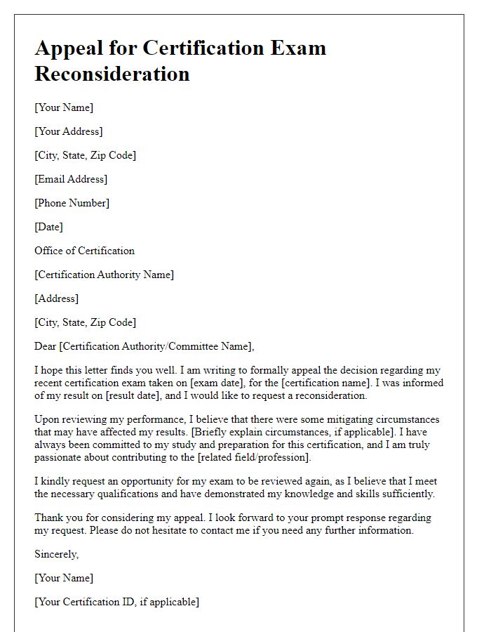 Letter template of appeal for certification exam reconsideration