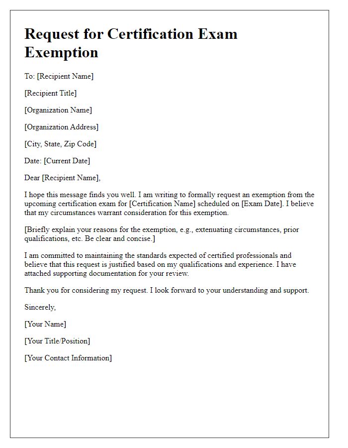 Letter template of certification exam exemption request