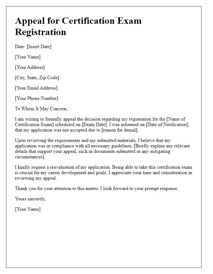 Letter template of certification exam registration appeal