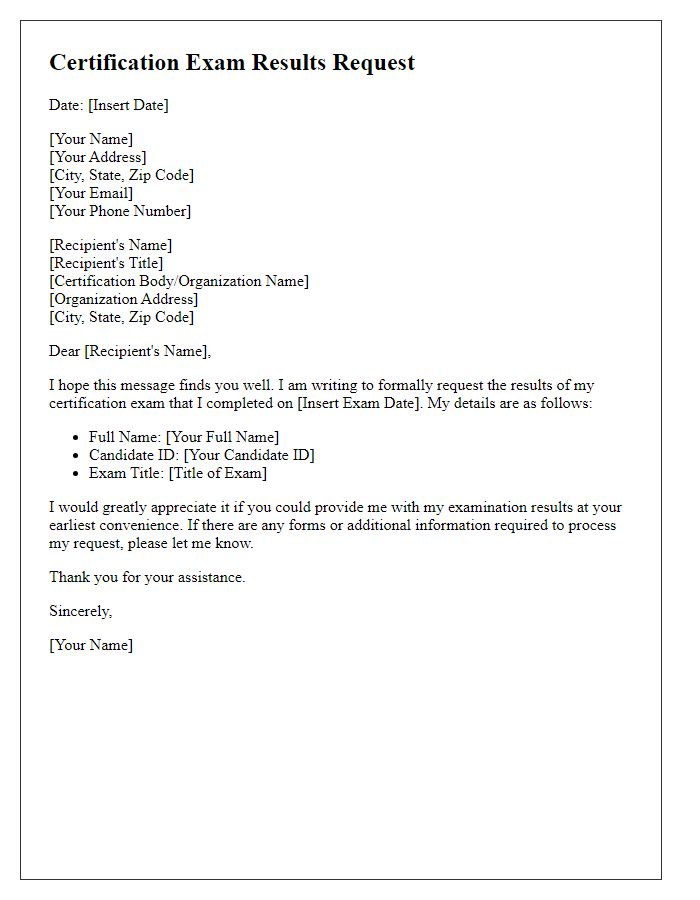 Letter template of certification exam results request