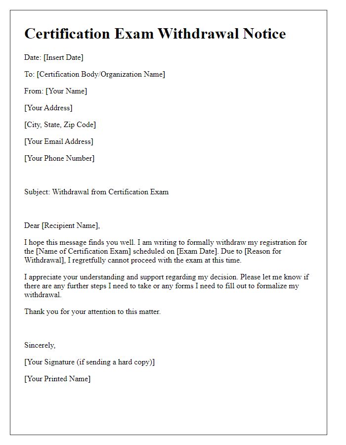 Letter template of certification exam withdrawal notice