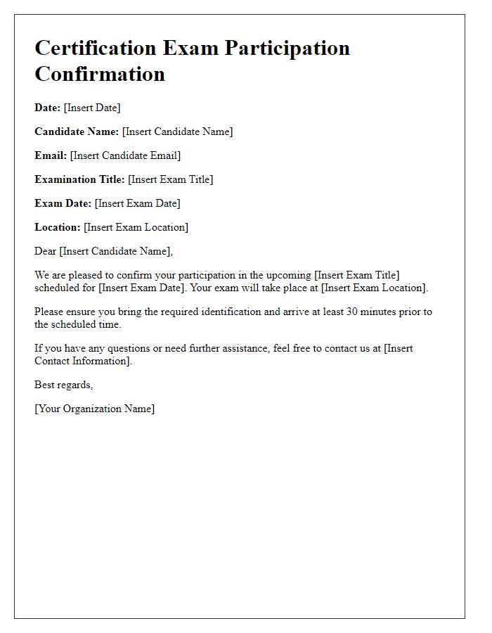 Letter template of confirmation for certification exam participation