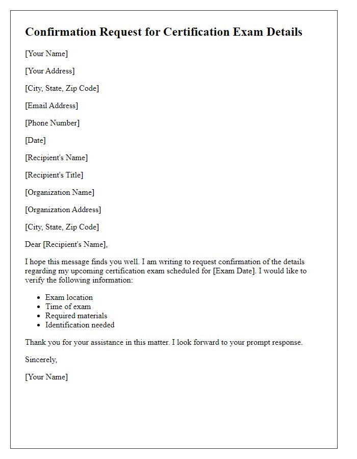 Letter template of confirmation request for certification exam details