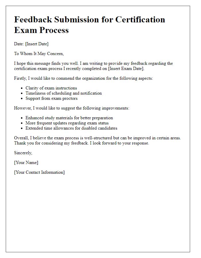 Letter template of feedback submission for certification exam process