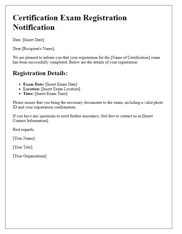 Letter template of notification for certification exam registration