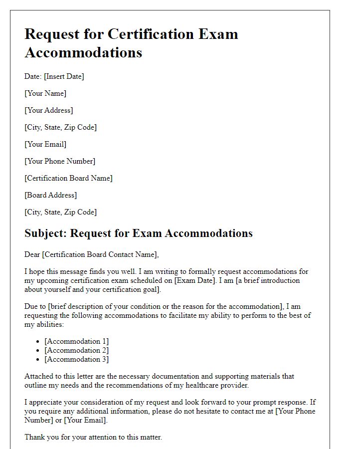 Letter template of request for certification exam accommodations