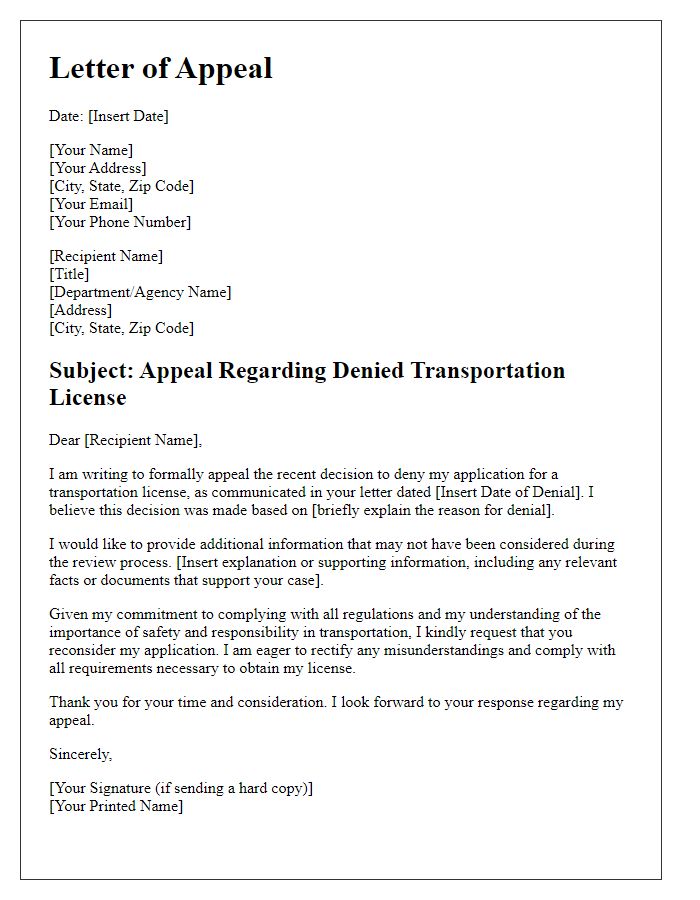 Letter template of appeal for denied transportation license