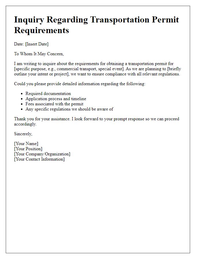 Letter template of inquiry regarding transportation permit requirements