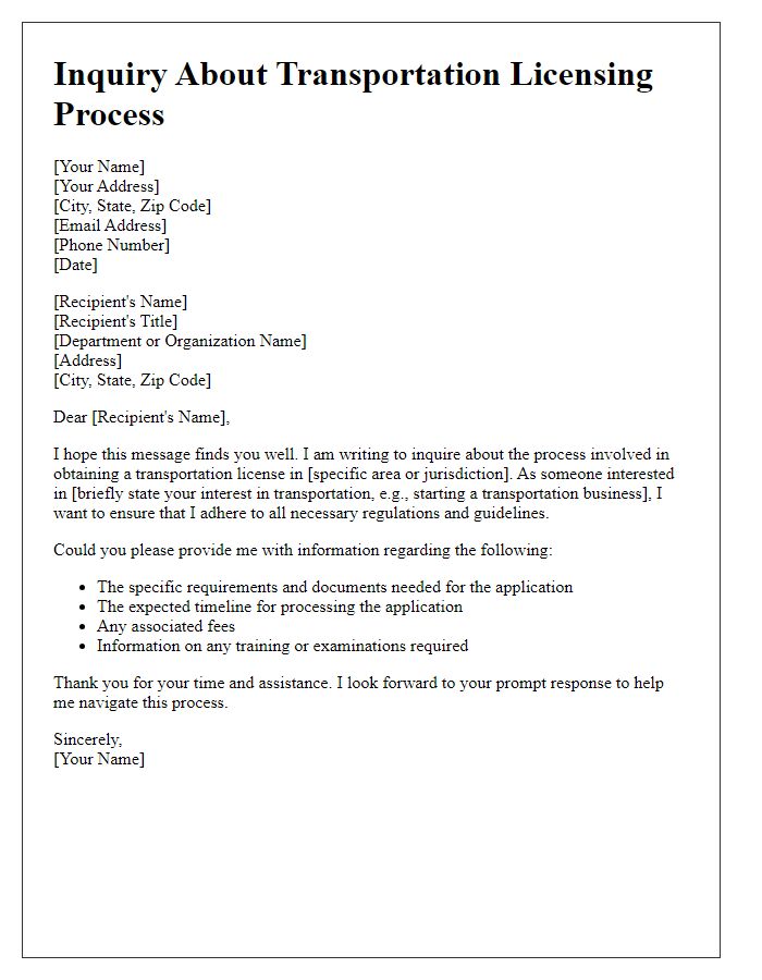 Letter template of inquiry for transportation licensing process