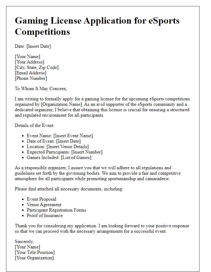 Letter template of gaming license application for eSports competitions.